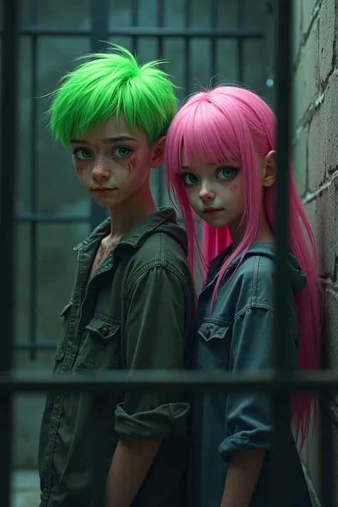 Prisoners who were wrongfully framed: a boy with bright green hair and a girl with pink hair.