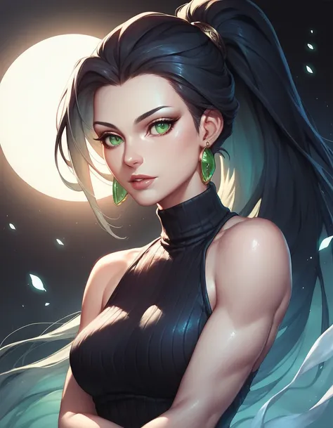 female black sleeveless tutleneck, bare shoulders, racerback, bare toned arms, beautiful faces, black ponytail with showing forehead, long ponytail, earrings, soft smooth skin, pale skin, black background, green eyes, sci-fi, assassin