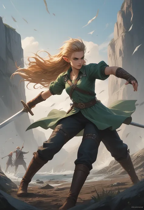 woman fighting, strong, wearing a sword , warrior, hair in the wind, big boobs, laufen, elf ears, long hair