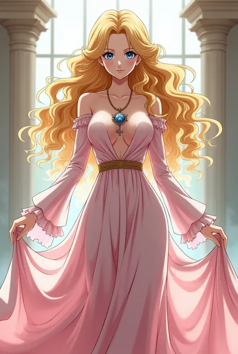 One piece anime female character with very curly blonde hair , really dark blue eyes in siren eyes shape, fair skin , wearing a long pink and white dress and a key necklace 