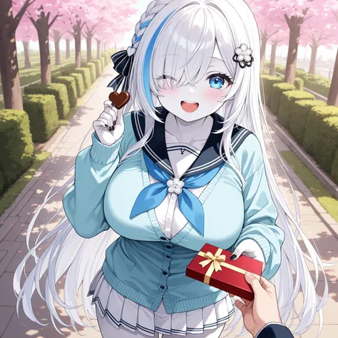 blue_streaked_hair,hair_over_one_eye, blue_eyes,very long hair,braid,white hair_ornament,white skin,black nail_polish, solo, large breasts,aged down,light blue cardigan, serafuku, white pleated skirt, ;d,valentine,A girl holding chocolate in her hands, hap...