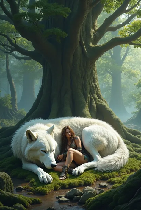 Un loup immense blanc endormi avec en son sein une jeune femme sauvage portant une peau de bête dans une forêt, At the foot of a big tree. Le loup est 5 fois plus grand que la femme