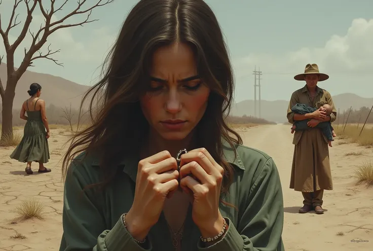 sad lady holding wedding ring tightly in hand, man with hat on in background looking at drought barren land, another lady walking away holding a baby in her arms.