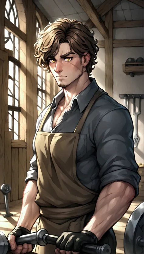 A rugged male craftsman, deep brown hair slightly curly, golden eyes focused, wearing a dark gray short-sleeved apron with pockets filled with tools, standing in a sunlit workshop filled with tools and half-finished weapons, wielding a heavy iron hammer wi...