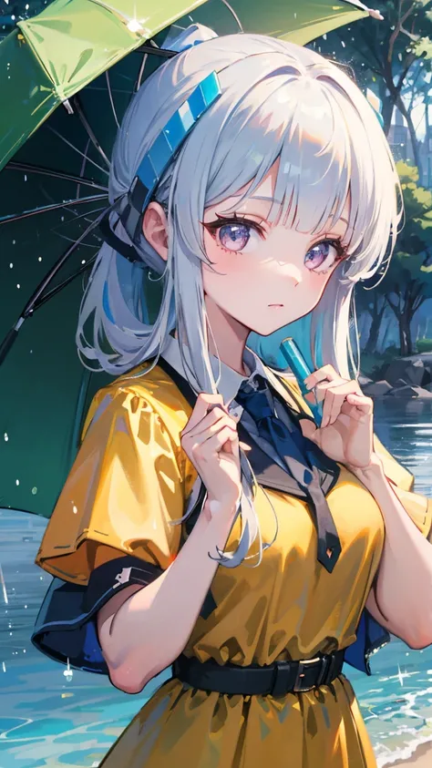  High resolution ,  high detail,  High Quality , Sea of Trees，rain，portrait，  Game Character Set ，Water Element， Climatologist ， Cute Girl ，1  ， Long Ponytail , Wearing Yellow Dress，  Wave Skirt ，Hand holding umbrella ，  Sparkle Effect , 