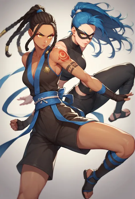 Uma personagem de anime negro com dreadlocks,adult  woman,ninja outfit,fox shaped ninja mask,holding two kunai,ninja outfit vermelho,yellow  eyes, tribal tattoo,blue tips in hair,majestic fighting pose,