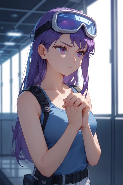 Solo, upper body, looking outisde window, expressionless, Girl with purple eyes, purple hair, long hair, swept, bangs, hands together, deep in thought, thin, goggles on head, wearing blue tank top, white jeans, utility belt, standing inside space station, ...