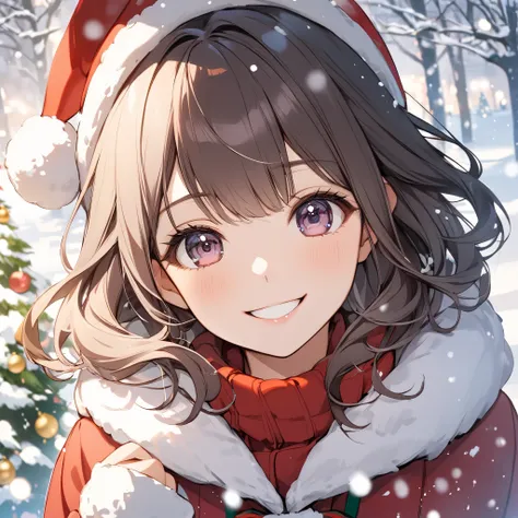  under a snowy Christmas tree、A girl is smiling 