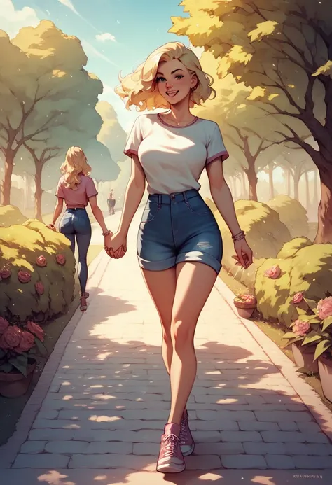 A very tall girl and a very short girl. Both are sexy and attractive. Both are busty and cute. One has blonde hair with a fringe, one has brown wavy hair. They are holding hands. They are walking through a park on a sunny summers day.