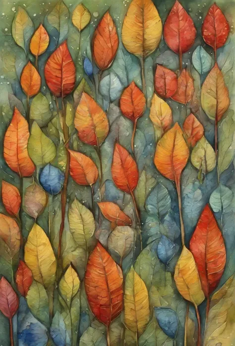 a painting of a bunch of leaves that are painted on a wall, vibrant foliage, many leaves, organic painting, entangled foliage, lots of leaves, colorful leaves, intricate organic painting, falling leaves, amongst foliage, autumn overgrowth, autumn leaves, c...