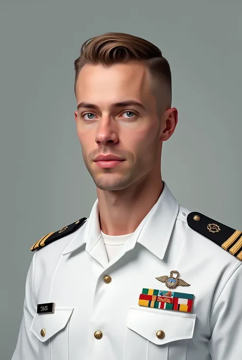  Create a military portrait of the United States Navy ,  Lieutenant Jake Palmer is 32 years old ,  he has short, light brown hair combed backwards, he has blue eyes, small nose, Also small mouth ,  he has a clean face and no beard ,  he wears a white navy ...