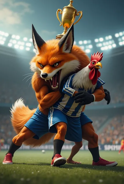 Horny fox , big,  muscular and scary fox from Cruzeiro Esporte Clube ,  tearing the slender rooster from Atletico Mineiro in the teeth,  with a trophy on top of the arena MRV 