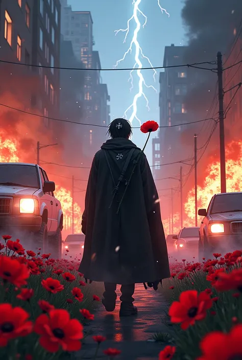 Georgia rustaveli ave. Riot, Madmose standing with the cross tatted on his head and poppys bloom out of concreet, there are also snowflakes and high shutter speed ligtning car headlights But all this in cyberpunk anime world to look like animation also lot...