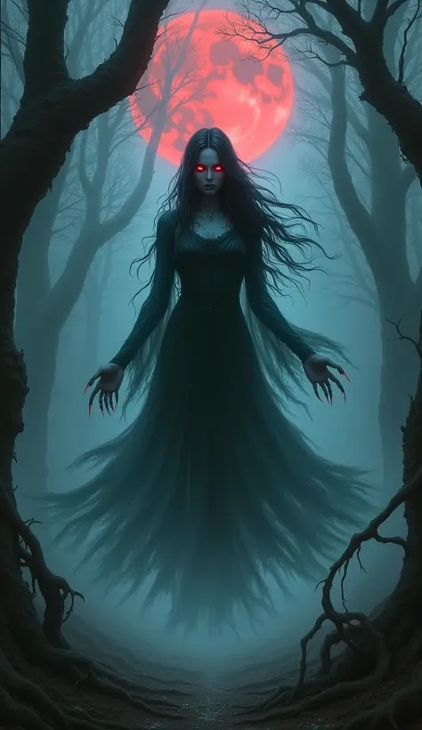 A ghostly figure floating in the midst of a dark, mist-filled forest, her long, black hair flowing unnaturally as if alive, extending in smoky tendrils. Her glowing crimson eyes pierce through the darkness, emanating an intense, bloodthirsty light. Her tra...