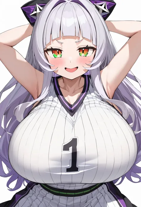 ( top quality, 8k, masterpiece),  girl , young , Idol , 1 person ,  murasaki shion,  hololive , Silver Hair  , Big Breasts ,smile ,  like heaven ,  red cheeks  , Tanimachis emphasis  , A rich variety of skin tones  , (  Basketball Uniforms :1.2) , ( huge b...