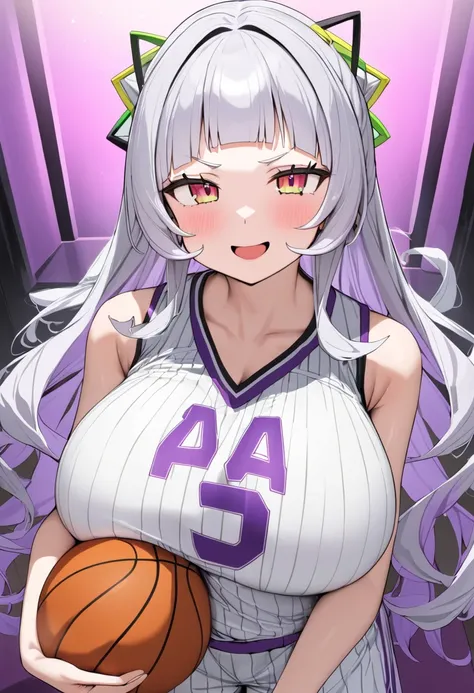 ( top quality, 8k, masterpiece),  girl , young , Idol , 1 person ,  murasaki shion,  hololive , Silver Hair  , Big Breasts ,smile ,  like heaven ,  red cheeks  , Tanimachis emphasis  , A rich variety of skin tones  , (  Basketball Uniforms :1.2) , ( huge b...