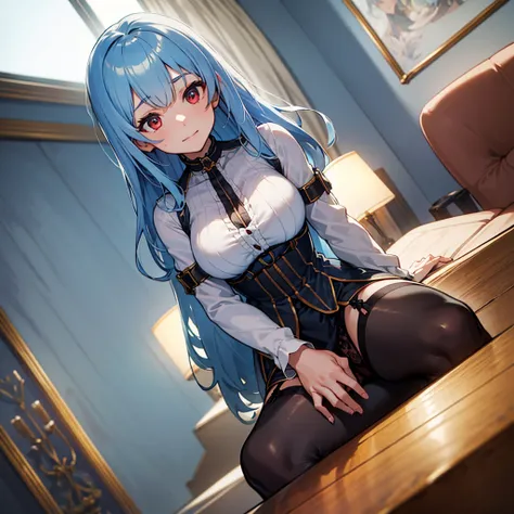 (​masterpiece、top-quality、hight resolution、Unity 8k、extremely details CG:1,Best Picture), from front,((Light blue hair)), red eyes, Upper body, Emphasis on cleavage, ((porn star, garter belt, stockings)), "A young woman sitting in a brightly lit room, desi...