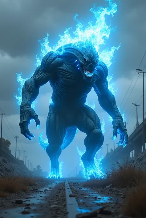 4k hybrid muscular monster with blue fire body with armor abandoned highway background 