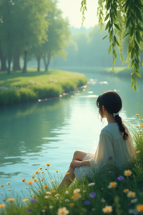 Girl sitting beside a river