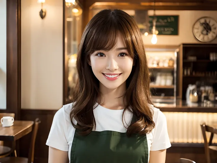 ( top quality、 table top in front of you、8k、 Max Image、 Award-winning works )、Woman working at a cafe、(The perfect brown apron:1.2)、(Stand gracefully in a cafe :1.1)、(A classy shirt and apron:1.1)、(Big Breasts:1.1)、( accentuating your body line :1.1)、 port...