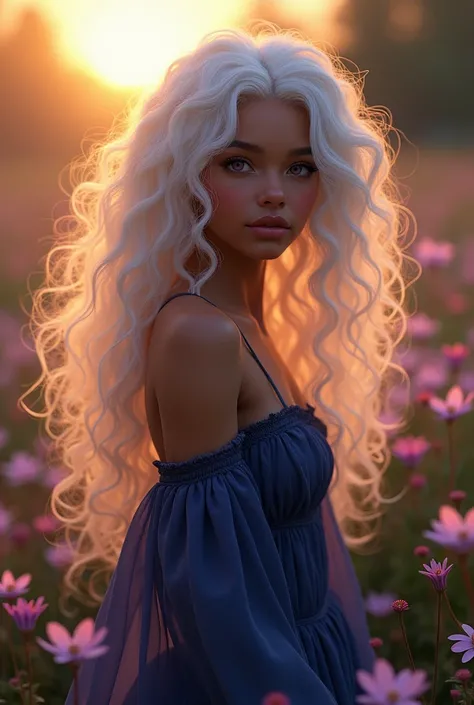 Young adult Female character with long white curly hair ,small dark purple eyes , light brown skin wearing a dark midnight blue dress , standing near some flowers during sunset time