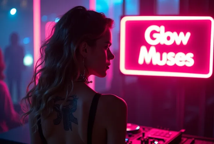 Futuristic DJ WOMAN wavy hair. He has an Egyptian tattoo "Eye of Horus" in the back. Add a bold neon sign "Glow Muses" In the scene.