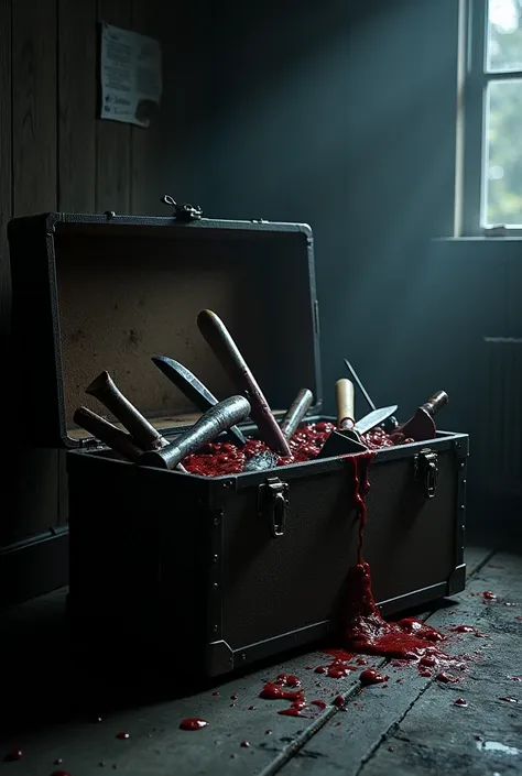  take a picture of a trunk with tools, knives and a bloody axe  