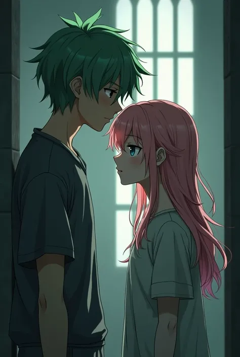 A boy with bright green hair wearing a prison suit who went to jail under a disgraceful framing(173cm tall )  Girl with pink hair (Height 168 cm).