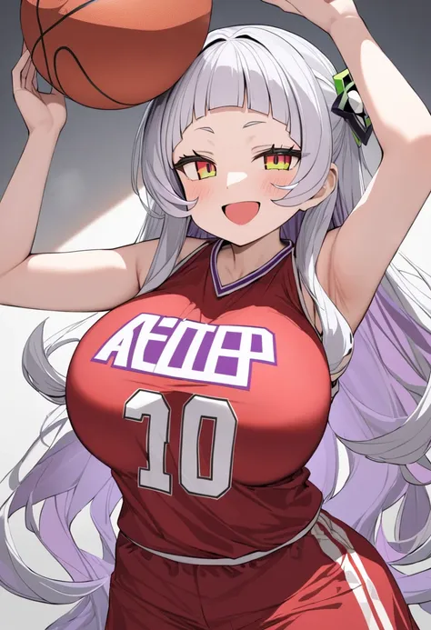 ( top quality, 8k, masterpiece),  girl , young , Idol , 1 person ,  murasaki shion,  hololive , Silver Hair  , Big Breasts ,smile ,  like heaven ,  red cheeks  , Tanimachis emphasis  , A rich variety of skin tones  , ( red basketball uniform :1.2) , ( huge...