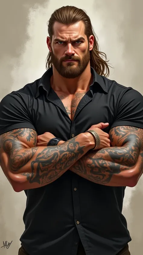 man, muscular, broad chest, honey eyes,  long brown blonde hair recogido, finger-length tattoos , Serious, dominant, black button down shirt , large ring , little beard, rudo, dibujo real