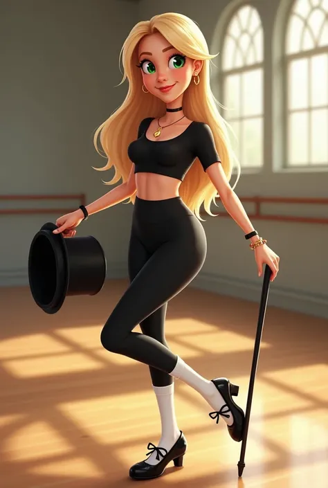 Create avatar of design teacher Denise, blonde, friendly, smart, drawing perspectives, Bullish, green cat eyes, Long, straight hair, wearing black crop top, black leggings, black Mary Jane tap shoes with white socks, while tap dancing, practicing at a gym,...