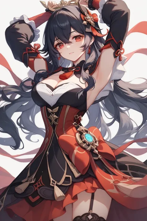  high definition ,  1 girl ,  long hair, chest,  red eyes,  black hair,  bangs between eyes,  accessories,  natural perm, Hair that can&#39;t be tied up,  simple background,  Gothic Dresses 、Clothes Ornaments 、 Red Waist Ribbons 、 Shoulder Fur 、race、 Gensh...