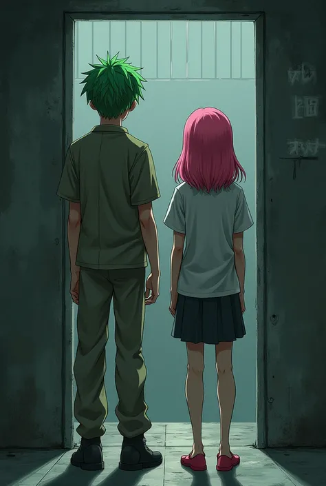 A boy with bright green hair wearing a prison suit who went to jail under a disgraceful framing(Height 170cm)  Girl with pink hair (Height 168 cm).