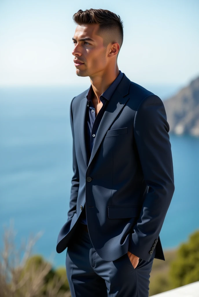 Full body shot of Ronaldo in a suit, navy colored shirt, small head, extremely detailed skin, on the terrace overlooking sea, looking away, blurred background.