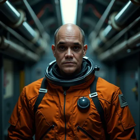 cinematic photograph of a bald man with dark eyes in an orange astronaut suit in a dimly lit space station corridor