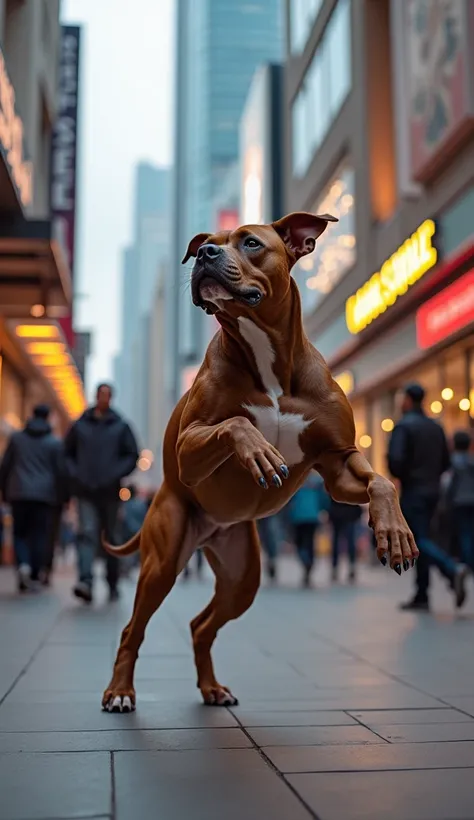 Pitbull dog dancing in front of shopping mall