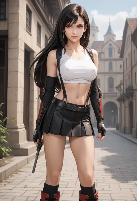 Tifa,(Garment Lift:1.4),1 GIL,alone,gloves,elbow gloves,fingerless gloves,chest,suspenders,Knee socks,Crop top,Tank top,skirt,black Knee socks,suspender skirt,black skirt,Earrings,jewelry,Abdomen,View your viewers,Elbow pads,white Tank top,black gloves,Rea...