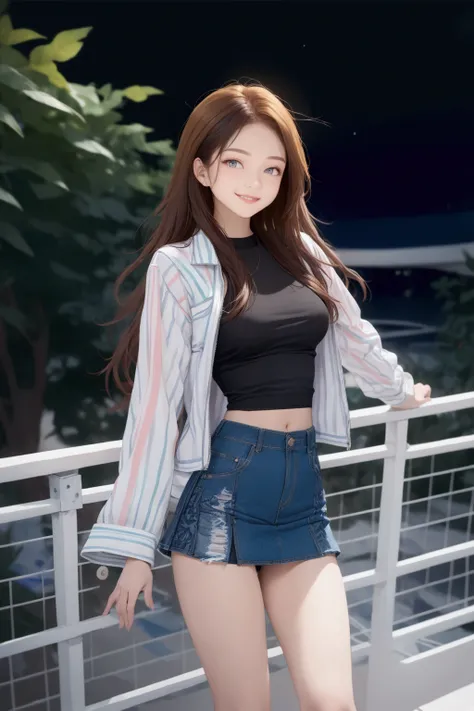 pretty woman, smiling with teeth, standing posed, leaning against railing, tropical forest, (+forehead bang, long hair, black hair, brown streaked hair, chestnut-brown ombre, 2 colored hair), wear  white long sleeves jacket (+multicolored striped, open jac...