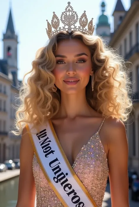 Miss Universe Belgium, Photoshoot, Wearing a Sparkling Crown, Wearing "Miss Universe" Sash, Wearing Pastel Fancy Gown, Realistic, Ultra HD, Highlt Detailed, Detailed Face, Detailed Hair, Detailed Skin, Curly Hair, Blonde, Brussels City as Background, Zoom ...