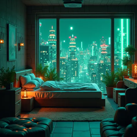 A cyberpunk minecraft image, cyberpunk cool bed room, cyberpunk minecraft house, green neon light effect, big window to see the cyberpunk minecraft village , this bed theme as a minecraft video game, minecraft world bed room, minecraft style image, minecra...