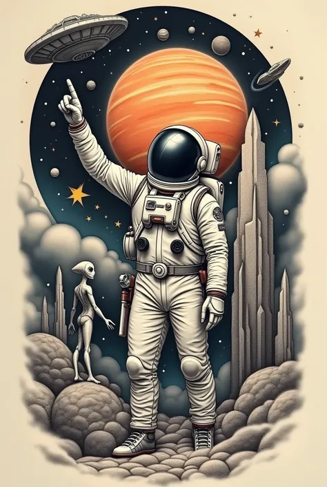 Create a realistic tattoo on a forearm in black and gray. Create strong lines with lines and outlines in the color black and gray .  In this image create a man with his arm raised and pointing to the sky . Create the man wearing an astronaut costume with p...