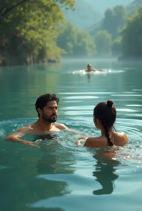 two ren swimming a man and a woman ,  the man is looking at a lady who is swimming in the distance and the girl gets angry when he sees him