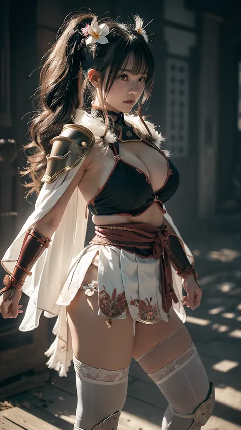  Sexy female character wearing white armor as a warrior from the Sengoku period 、((twintails, spiral curls hair))、((onyx black hair))、((toned body))、(glistening skin)、 Tight Body 、((mega breasts 1.8))、 plump breasts 、 plump thighs 、 The white armor with Su...