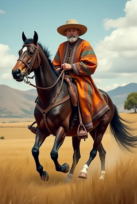 A man from Rio Grande do Sul wearing traditional Brazilian Gaúcho costumes riding a horse in the pampa 