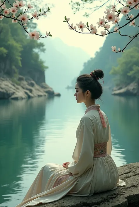 Chinese woman sitting beside the river waiting for her husband with title "The River-Merchants Wife: A Letter" written in English 