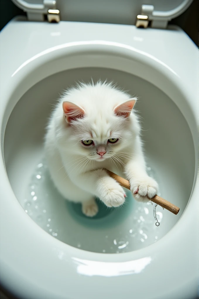 A white cat is washing the toliet using the toliet brush make a toliet hand photo shoot. And make toliet from inside who gets dirty