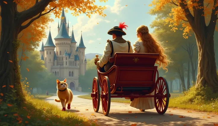 Digital painting image of the 17th century French king and count and the stunningly beautiful princess are sitting in a moving carriage. Behind the carriage is a cat with a personality like the character Puss in Boots, the cat has light orange fur, red boo...