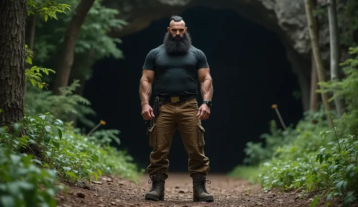 a tall, strong man, 50 years old, with a large black beard, wearing brown pants, a black shirt and brown boots. He is in a forest and his face shows anger, in the background a cave.