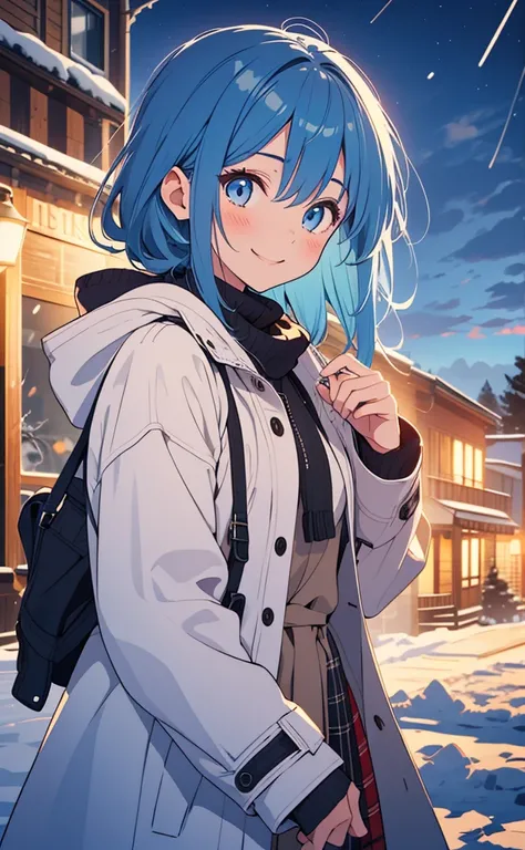 The sky is cloudy, snow is falling ,night, 1 girl , blue haired girl, blue eyes,long sleeve coat, Proximity Method, smiles, anatomically correct