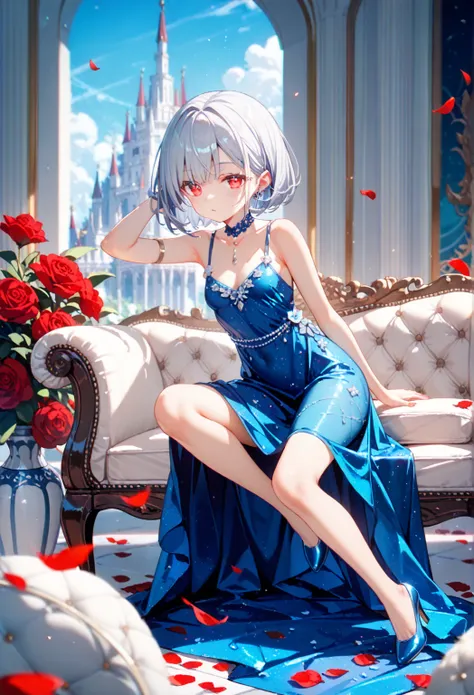 1girl, Alone,silver hair, red glowing eyes, bob cut  sharp facial features, small breasts,porcelain skin,sky blue Camisole Dress,high heels,blue flower,Luxurious dress,Gorgeous Embroidery dress,marble,Fluttering Petals, high resolution, Majestic and huge a...